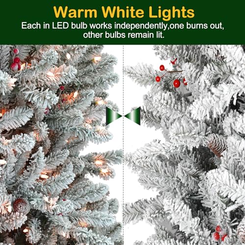 Product: Hykolity 6.5 ft Snow Flocked Prelit Christmas Tree, Artificial Christmas Tree with Pine Cones and Berries, 1854 PVC Branch Tips, 650 Warm White LED Lights, Metal Stand and Hinged Branches