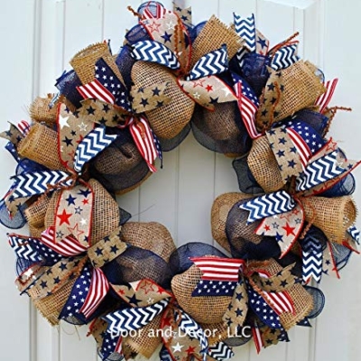 Silky Flower Store Patriotic Mesh Wreath, July 4th Memorial Day Father’s Day Labor Day Door Decor, Handmade USA, 24 Inch Diameter 7 7 Product: Patriotic Mesh Wreath for July 4th, Memorial Day, Father's Day, and Labor Day in 24 inch Diameter