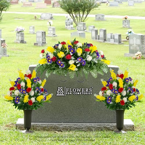Silky Flower Store Artificial Cemetery Flowers, Sympathy Silks Red Yellow Wildflower Bouquets, Matching Tombstone Saddle, UV Resistant 2 Piece Set 32.5cm 4 4 Product: Sympathy Silks Artificial Cemetery Flowers – Realistic Vibrant Wildflowers Outdoor Grave Decorations - Non-Bleed Colors- 2 Red Yellow Wildflower Bouquets, & 1 Matching Saddle