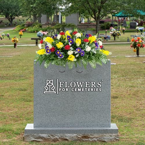 Product: Sympathy Silks Artificial Cemetery Flowers – Realistic Wildflower Outdoor Grave Decorations - Yellow Red Wildflower Saddle for Headstone