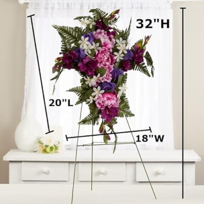 Silky Flower Store Premade Purple Pink Silk Flower Cross Cemetery Arrangement, Metal Easel Memorial Graveside Tribute 32.5cm 6 6 Product: Premade Purple and Pink Silk Flower Cross Cemetery Arrangement with Metal Easel for Graveside Memorial Day Decoration or Funeral Floral Spray for Mother, Father, Mom, Dad, Sister, Brother or Loved One