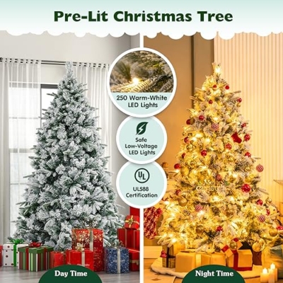Product: Goplus 6ft Pre-Lit Snow Flocked Artificial Christmas Tree, Hinged Xmas Tree with 250 Warm-White LED Lights, 752 Branch Tips, Pine Needles, for Holiday Party Office Home Decor