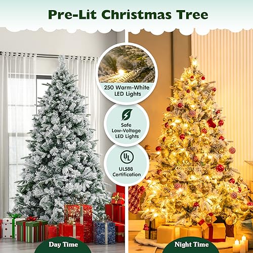 Product: Goplus 6ft Pre-Lit Snow Flocked Artificial Christmas Tree, Hinged Xmas Tree with 250 Warm-White LED Lights, 752 Branch Tips, Pine Needles, for Holiday Party Office Home Decor