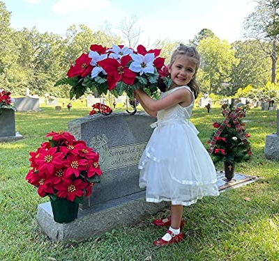 Product: Sympathy Silks Artificial Cemetery Flowers - Christmas Poinsettias - Outdoor Grave Decorations - Red and White Poinsettias Saddle for Headstone