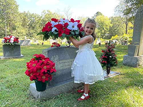 Product: Sympathy Silks Artificial Cemetery Flowers - Christmas Poinsettias - Outdoor Grave Decorations - Red and White Poinsettias Saddle for Headstone