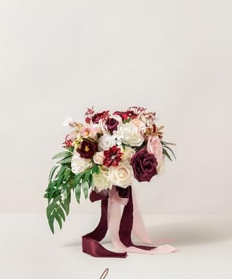 Product: Ling's Moment Burgundy Bridal Bouquet for Bride, 13 Inch Romantic Marsala Wedding Bouquets for Bride, Silk Round Artificial Wedding Flowers Bouquets