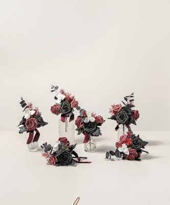Product: Ling's Moment Burgundy Black Wedding Flowers Mini Bridesmaid Bouquets Set of 6 Pre-Made Small Floral Maroon Gothic Wedding Rose Goth Centerpieces Halloween