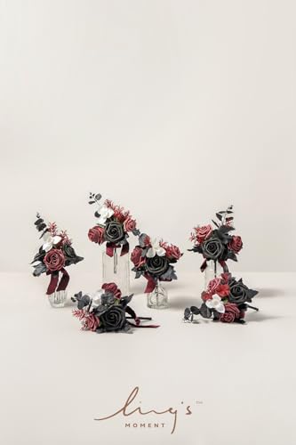 Product: Ling's Moment Burgundy Black Wedding Flowers Mini Bridesmaid Bouquets Set of 6 Pre-Made Small Floral Maroon Gothic Wedding Rose Goth Centerpieces Halloween