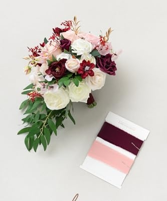 Product: Ling's Moment Burgundy Bridal Bouquet for Bride, 13 Inch Romantic Marsala Wedding Bouquets for Bride, Silk Round Artificial Wedding Flowers Bouquets