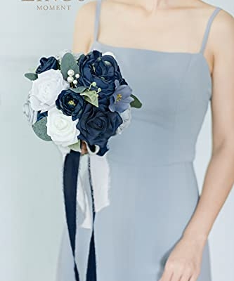 Product: Ling's Moment Blue and White Artificial Flowers Bridesmaid Bouquet Set of 4, Navy Blue and White Wedding Flowers Bouquets for Bridesmaids, 7 Inch Bridal Bouquets for Bridesmaids, Wedding, Ceremony
