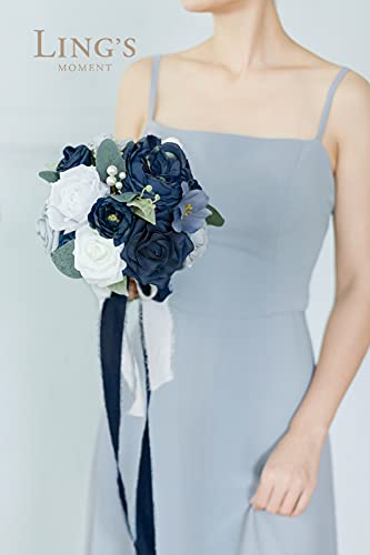 Product: Ling's Moment Blue and White Artificial Flowers Bridesmaid Bouquet Set of 4, Navy Blue and White Wedding Flowers Bouquets for Bridesmaids, 7 Inch Bridal Bouquets for Bridesmaids, Wedding, Ceremony