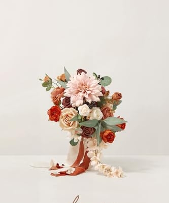 Silky Flower Store Terracotta Bridal Bouquet, Cascading Orange Wedding Bouquet, Ling’s Moment Bridesmaid Bouquet, 13 Inch 9 9 Product: Ling's Moment Terracotta Bridal Bouquet Cascading, Orange Wedding Bouquets for Bride, 13 Inch Bride Bouquets for Wedding Artificial Flowers Bouquets