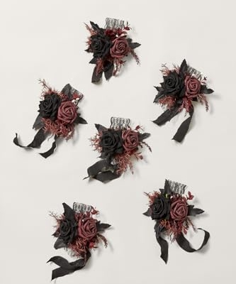 Product: Ling's Moment 6pcs Wedding Wrist Corsage Artificial Flowers, Girl/Mother Homecoming Prom Corsages Wristlet Décor, etc. Black Gothic Burgundy