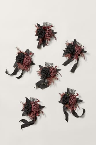 Product: Ling's Moment 6pcs Wedding Wrist Corsage Artificial Flowers, Girl/Mother Homecoming Prom Corsages Wristlet Décor, etc. Black Gothic Burgundy