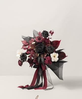 Silky Flower Store Black Burgundy Gothic Wedding Bouquet, Artificial Bridal Flowers, Free Form Wedding Bouquet, 13 Inch 8 8 Product: Ling's Moment Black and Burgundy Wedding Bouquets for Bride, Gothic Bridal Bouquets for Bride, 13 Inch Free Form Artificial Wedding Flower Bouquet