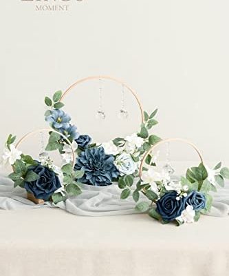 Silky Flower Store Crystal Wooden Hoop Wreath Floral Centerpieces, Dusty Blue Navy Faux Flowers, Sweetheart Table Ceremony Décor, Set of 3 20.5cm 7 7 Product: Ling's Moment Crystal Wooden Hoop Wreath Floral Centerpieces for Sweetheart Table, Head Table, Ceremony Reception Artificial Flowers Decorations, Assemble Required - Dusty Blue &Navy