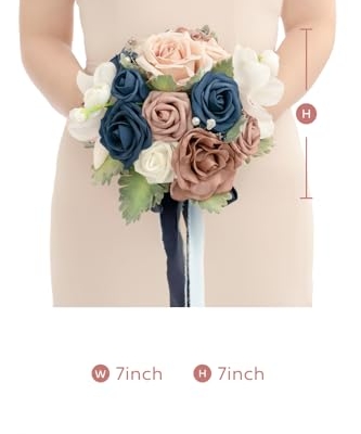 Product: Ling's Moment Artificial Flowers Dusty Rose & Navy Blue Bridesmaid Bouquet Set of 4, Wedding Flowers Bouquets for Bridesmaids, 9'' Maid of Honor Bouquet+7'' Bridesmaids Bouquets x3