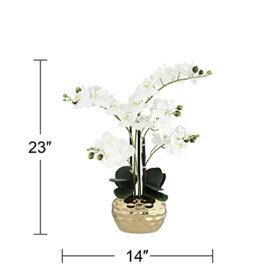 Silky Flower Store Artificial White Phalaenopsis Orchid, Silver Gold Ceramic Pot, Dahlia Studios Potted Faux Flower, 23 High 11 11 Product: Dahlia Studios Potted Faux Artificial Flowers Realistic White Phalaenopsis Orchid in Silver Gold Ceramic Pot Home Decoration Living Room Office Bedroom Bathroom Kitchen Dining Room 23" High