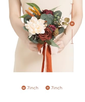 Silky Flower Store Terracotta Bridesmaid Bouquet Set of 6, Artificial Silk Foam Wedding Flowers, Cream Goldenrod Roses, 7 inch 11 11 Product: Ling's Moment Artificial Flowers Terracotta Bridesmaid Bouquet Set of 6, Fall Wedding Flowers Bouquets for Bridesmaids, 7 Inch Bridal Bouquets for Bridesmaids, Wedding Decor, Anniversary, etc