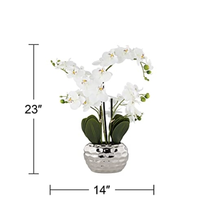 Silky Flower Store Artificial White Phalaenopsis Orchid, Silver Resin Pot, Faux Potted Floral Arrangement, 23in 5 5 Product: Dahlia Studios Potted Faux Artificial Flowers Arrangements Realistic White Phalaenopsis Orchid in Silver Pot Home Decoration Living Room Office Bedroom Bathroom Kitchen Dining Room 23" High
