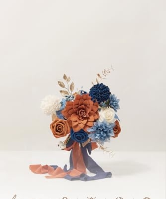 Silky Flower Store Artificial Bridesmaid Bouquet Orange Navy Blue Cream, Wedding Decor Silk Foam Set of 4, 7 Inch 8 8 Product: Ling's Moment Artificial Flowers Orange & Navy Bridesmaid Bouquet Set of 4, Orange Wedding Flowers Bouquets for Bridesmaids, 7 Inch Bridal Bouquets for Bridesmaids, Wedding Decor, etc