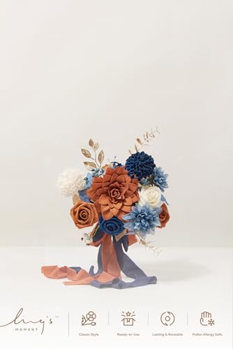Silky Flower Store Artificial Bridesmaid Bouquet Orange Navy Blue Cream, Wedding Decor Silk Foam Set of 4, 7 Inch 1 1 Product: Ling's Moment Artificial Flowers Orange & Navy Bridesmaid Bouquet Set of 4, Orange Wedding Flowers Bouquets for Bridesmaids, 7 Inch Bridal Bouquets for Bridesmaids, Wedding Decor, etc