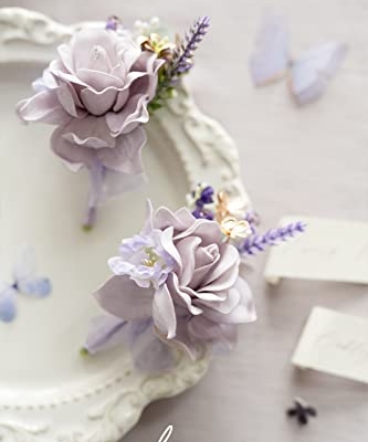 Silky Flower Store Lilac Gold Wedding Boutonnieres Wrist Corsages Set, Pre Arranged Artificial Floral Accessories, 12 Piece 4.75in 11 11 Product: Ling's Moment Pre-Arranged Wedding Flower Packages in Lilac & Gold, Boutonnieres & Wrist Corsages Package(Set of 12)