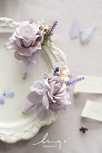 Silky Flower Store Lilac Gold Wedding Boutonnieres Wrist Corsages Set, Pre Arranged Artificial Floral Accessories, 12 Piece 4.75in 3 3 Product: Ling's Moment Pre-Arranged Wedding Flower Packages in Lilac & Gold, Boutonnieres & Wrist Corsages Package(Set of 12)