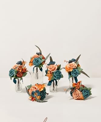 Silky Flower Store Teal Blue Wedding Flowers Mini Bridesmaid Bouquets Set of 6, Faux Floral Centerpieces, 8.5in Tall 6in Wide 9 9 Product: Ling's Moment Daek Teal Blue Wedding Flowers Mini Bridesmaid Bouquets Set of 6 Pre-Made Small Floral Wedding Centerpieces (Daek Teal & Burnt Orange)