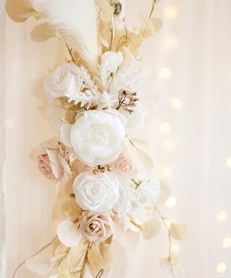 Product: Ling's Moment Deluxe White Beige Artificial Wedding Arch Flowers with Drapes Kit-Pack of 5, 2pcs Flower Arrangements 3pcs Hanging Sheer Drapes Ceremony Arbor Reception Backdrop Rose Floral Decorations