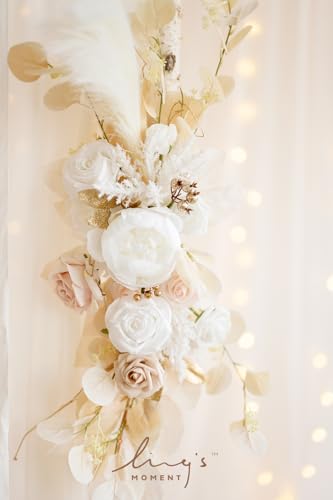 Product: Ling's Moment Deluxe White Beige Artificial Wedding Arch Flowers with Drapes Kit-Pack of 5, 2pcs Flower Arrangements 3pcs Hanging Sheer Drapes Ceremony Arbor Reception Backdrop Rose Floral Decorations