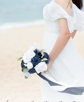 Product: Ling's Moment Blue and White Artificial Flowers Bridesmaid Bouquet Set of 4, Navy Blue and White Wedding Flowers Bouquets for Bridesmaids, 7 Inch Bridal Bouquets for Bridesmaids, Wedding, Ceremony