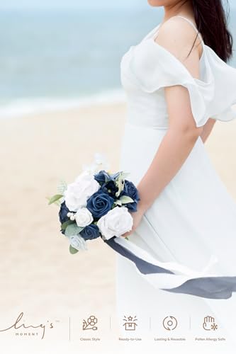 Product: Ling's Moment Blue and White Artificial Flowers Bridesmaid Bouquet Set of 4, Navy Blue and White Wedding Flowers Bouquets for Bridesmaids, 7 Inch Bridal Bouquets for Bridesmaids, Wedding, Ceremony