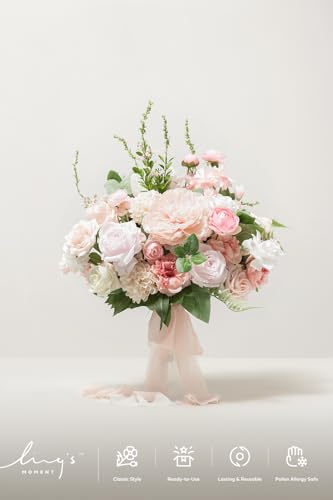 Product: Ling's Moment Blush Pink Wedding Bouquets for Bride, Blush and Cream Bridal Bouquets for Bride, 15 Inch Free Form Artificial Wedding Flower Bouquet