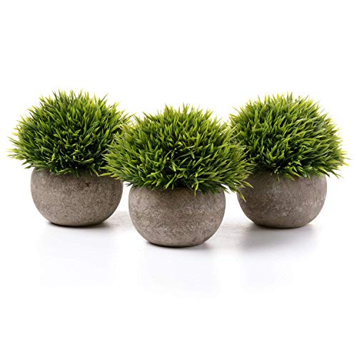 T4U Mini Artificial Plants in Grey Pot, Plastic Fake Green Topiary Shrubs for Home Office Wedding Decoration Set of 3 - Artificial Flower Arrangements Product: T4U Mini Artificial Plants in Grey Pot, Plastic Fake Green Topiary Shrubs for Home Office Wedding Decoration Set of 3