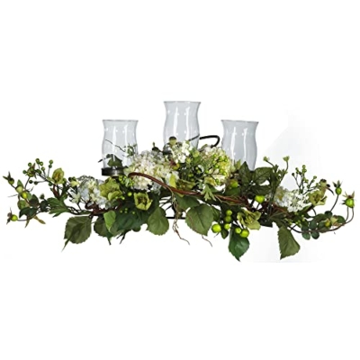 Silky Flower Store Artificial Hydrangea Triple Candleabrum Centerpiece, Cream, Glass Votive Holders, 29 x 10.25 x 10.25 in 5 5 Product: Nearly Natural 4634-CR Hydrangea Triple Candleabrum Centerpiece, Cream 29" x 10.25" x 10.25"