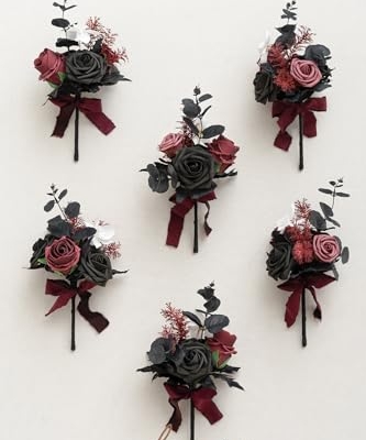 Product: Ling's Moment Burgundy Black Wedding Flowers Mini Bridesmaid Bouquets Set of 6 Pre-Made Small Floral Maroon Gothic Wedding Rose Goth Centerpieces Halloween