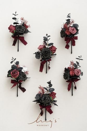 Product: Ling's Moment Burgundy Black Wedding Flowers Mini Bridesmaid Bouquets Set of 6 Pre-Made Small Floral Maroon Gothic Wedding Rose Goth Centerpieces Halloween
