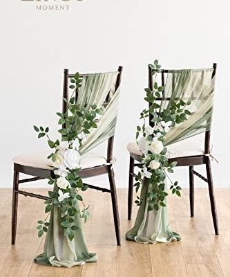 Product: Ling's Moment 8 Wedding Chair Decorations Aisle Pew Church Artificial Flowers Greenery Swag White Sage Green Bench Ceremony Reception Floral Faux Backdrop Rose Arrangements Party Outdoor Decorations
