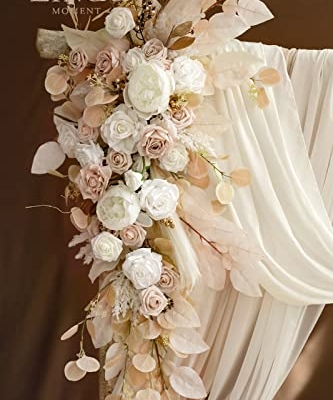 Product: Ling's Moment Deluxe White Beige Artificial Wedding Arch Flowers with Drapes Kit-Pack of 5, 2pcs Flower Arrangements 3pcs Hanging Sheer Drapes Ceremony Arbor Reception Backdrop Rose Floral Decorations