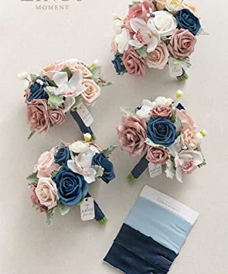Product: Ling's Moment Artificial Flowers Dusty Rose & Navy Blue Bridesmaid Bouquet Set of 4, Wedding Flowers Bouquets for Bridesmaids, 9'' Maid of Honor Bouquet+7'' Bridesmaids Bouquets x3