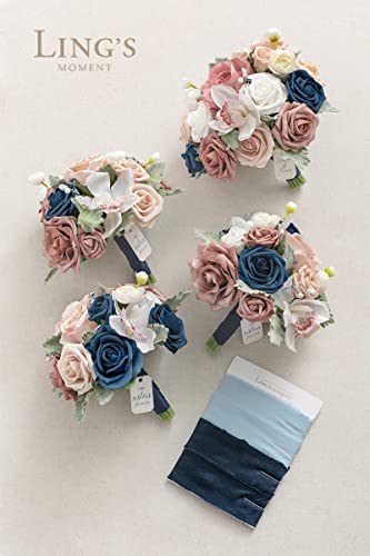 Product: Ling's Moment Artificial Flowers Dusty Rose & Navy Blue Bridesmaid Bouquet Set of 4, Wedding Flowers Bouquets for Bridesmaids, 9'' Maid of Honor Bouquet+7'' Bridesmaids Bouquets x3