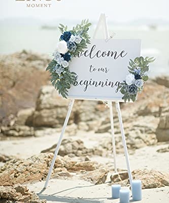 Silky Flower Store Artificial Wedding Welcome Sign Swag, Dusty Blue Navy Rose Eucalyptus Garland, 2pc Ceremony Decor, 32.5cm 7 7 Product: Ling's Moment 2pcs Artificial Welcome Sign Swag Wedding Arch Flowers Decorations Floral Eucalyptus Willow Garland Dusty Blue & Navy Rose Ceremony Party Reception Easel Door Wall Home Entryway Outdoor