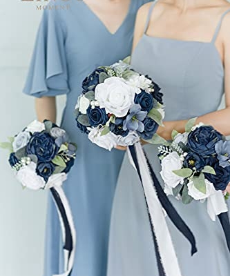 Product: Ling's Moment Blue and White Artificial Flowers Bridesmaid Bouquet Set of 4, Navy Blue and White Wedding Flowers Bouquets for Bridesmaids, 7 Inch Bridal Bouquets for Bridesmaids, Wedding, Ceremony