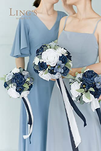 Product: Ling's Moment Blue and White Artificial Flowers Bridesmaid Bouquet Set of 4, Navy Blue and White Wedding Flowers Bouquets for Bridesmaids, 7 Inch Bridal Bouquets for Bridesmaids, Wedding, Ceremony