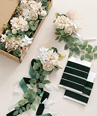 Silky Flower Store Wedding Aisle Pew Flowers, Emerald Tawny Beige Faux Arrangements, Chiffon Ribbons, Ceremony Chair Back Decor, 8 Piece Set, 32.5cm 15 15 Product: Ling's Moment 8 Wedding Aisle Pew Artificial Flowers Arrangements Emerald Tawny Beige for Ceremony Chair Back Floral Decorations with Chiffon Ribbons Reception Church Rose Faux Hanging Party Outdoor