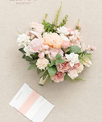 Product: Ling's Moment Blush Pink Wedding Bouquets for Bride, Blush and Cream Bridal Bouquets for Bride, 15 Inch Free Form Artificial Wedding Flower Bouquet
