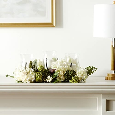 Silky Flower Store Nearly Natural Snowball Hydrangea Triple Candelabrum, Glass Hurricane Candle Holders, Decorative Home Accent, 32.5cm 13 13 Product: Nearly Natural Snowball Hydrangea Triple Candelabrum