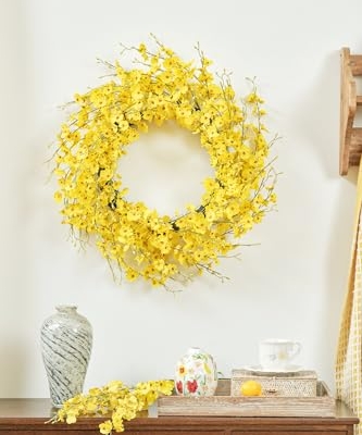 Silky Flower Store 24inch Artificial Forsythia Yellow Flowers Wreath, Silk Leaves Spring Summer Front Door Porch Farmhouse Patio Garden Decor, Orchid 15 15 Product: WELL KNOWN 24inch Artificial Forsythia Yellow Flowers Wreath, Silk Leaves Wreath for Spring Summer Seasonal Decor, Front Door Porch Farmhouse Patio Garden Home Decor (Orchid)