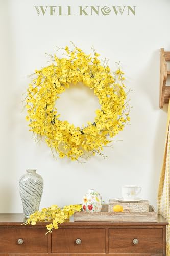 Silky Flower Store 24inch Artificial Forsythia Yellow Flowers Wreath, Silk Leaves Spring Summer Front Door Porch Farmhouse Patio Garden Decor, Orchid 6 6 Product: WELL KNOWN 24inch Artificial Forsythia Yellow Flowers Wreath, Silk Leaves Wreath for Spring Summer Seasonal Decor, Front Door Porch Farmhouse Patio Garden Home Decor (Orchid)